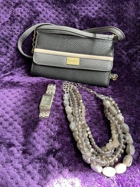 Jessica Simpson Black,Gray Crossbody Necklace Beaded Glass , Kenneth Cole Watch